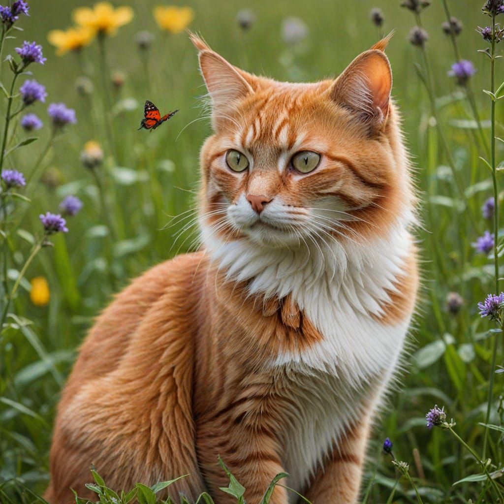 Vibrant Red Cat Surrounded by Delicate Wildflowers