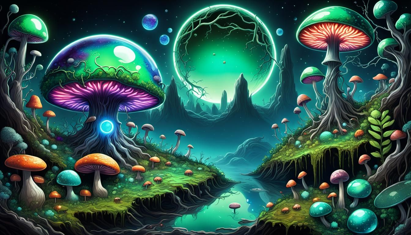 Neon Fungi Overgrown Metallic Planet in Candy Art