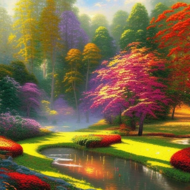 Autumn Park Scene with Lake in Kinkade Style