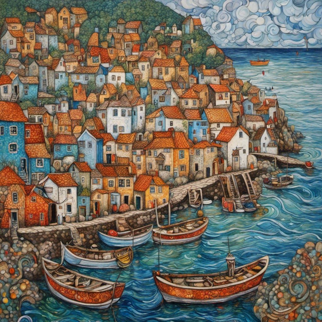 Fishing Village Harbour in Klimt Style