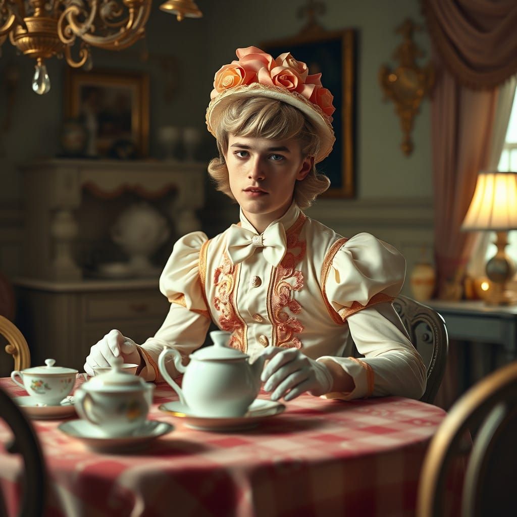 A Whimsical 1950s Siren at Tea Party, in a Vibrant Cinematic...