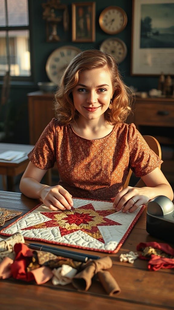 Charming Woman Quilting in 1960s Style