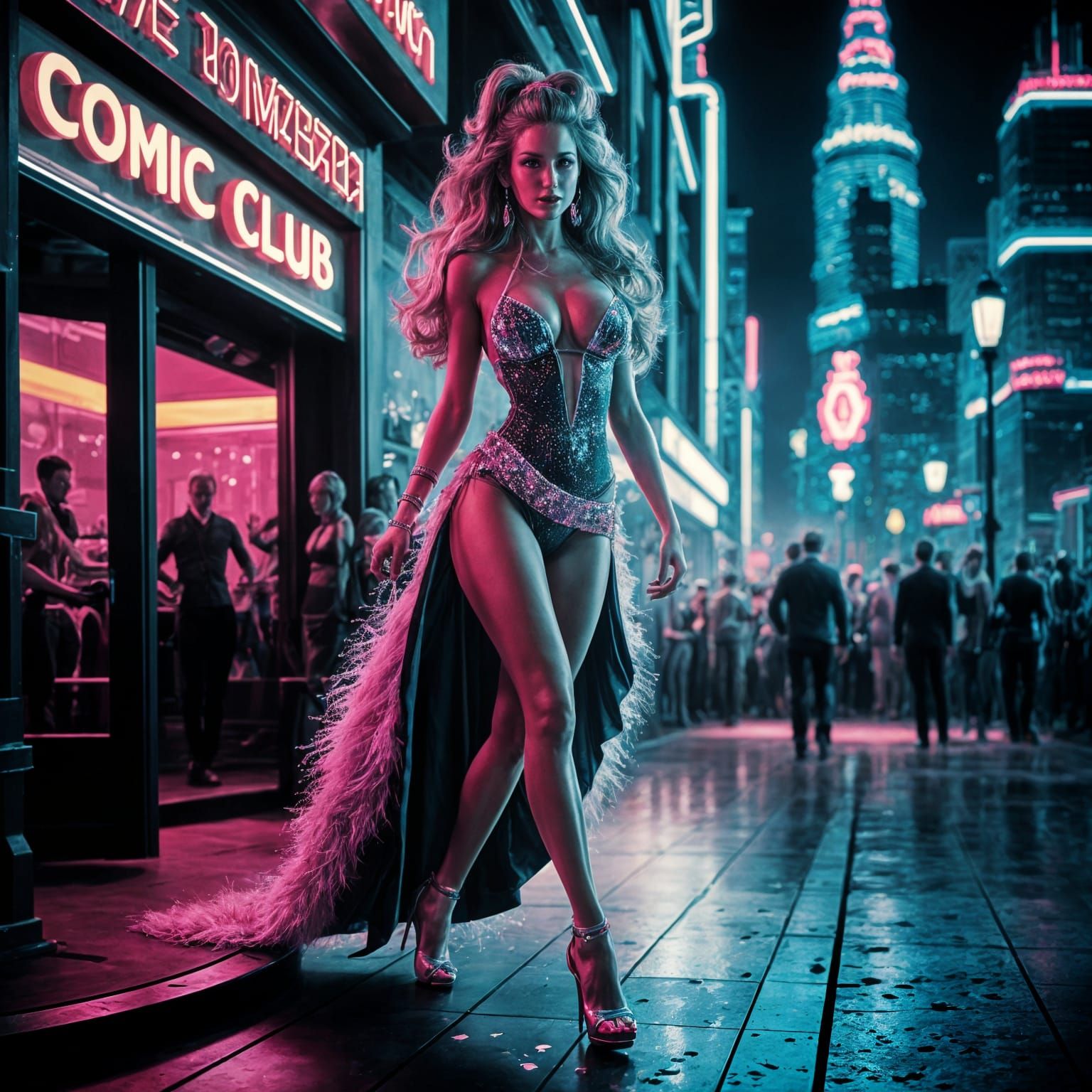 Seductive Party Girl in Neon-Lit Cityscape
