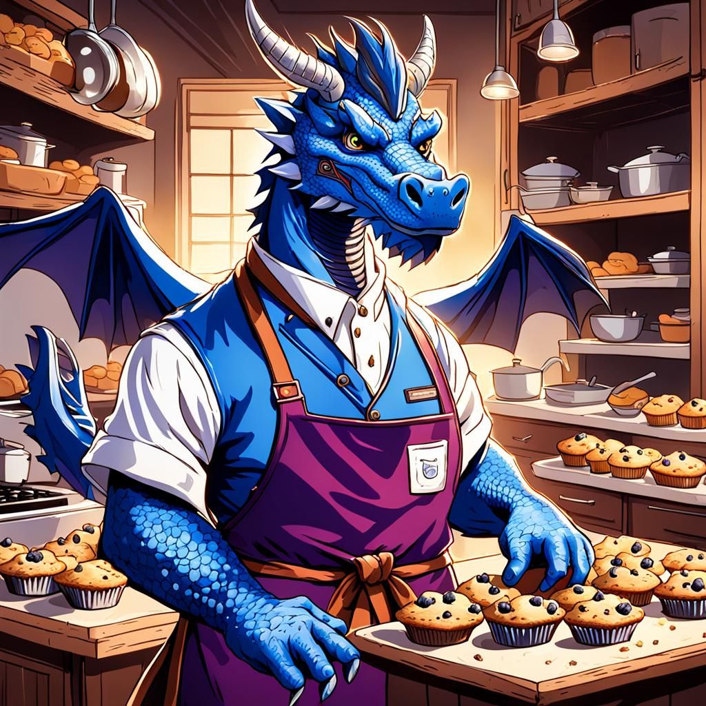 Blue Dragon Baking Blueberry Muffins in Apron