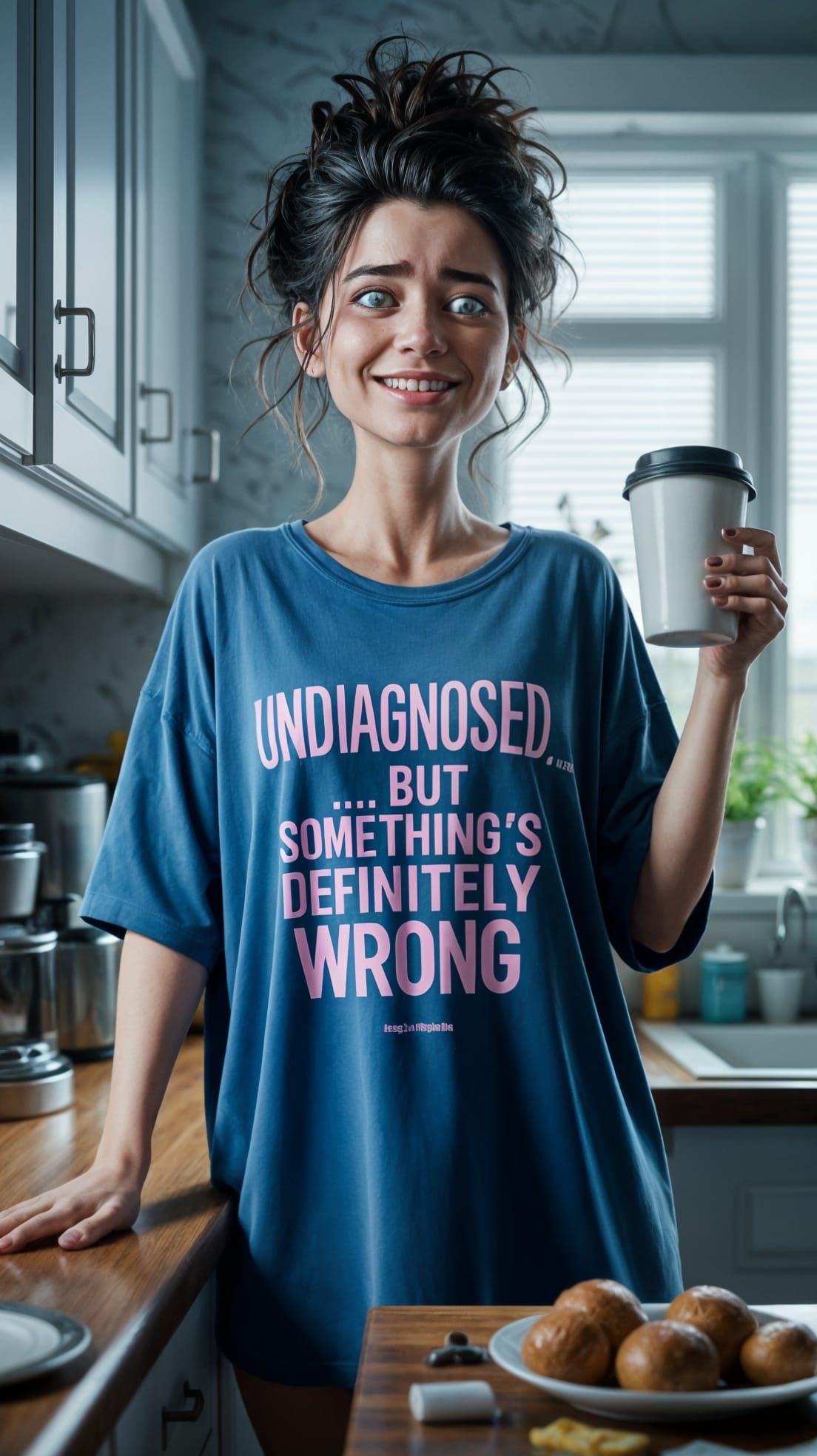 Sarcastic Morning Struggle in a Cozy Kitchen