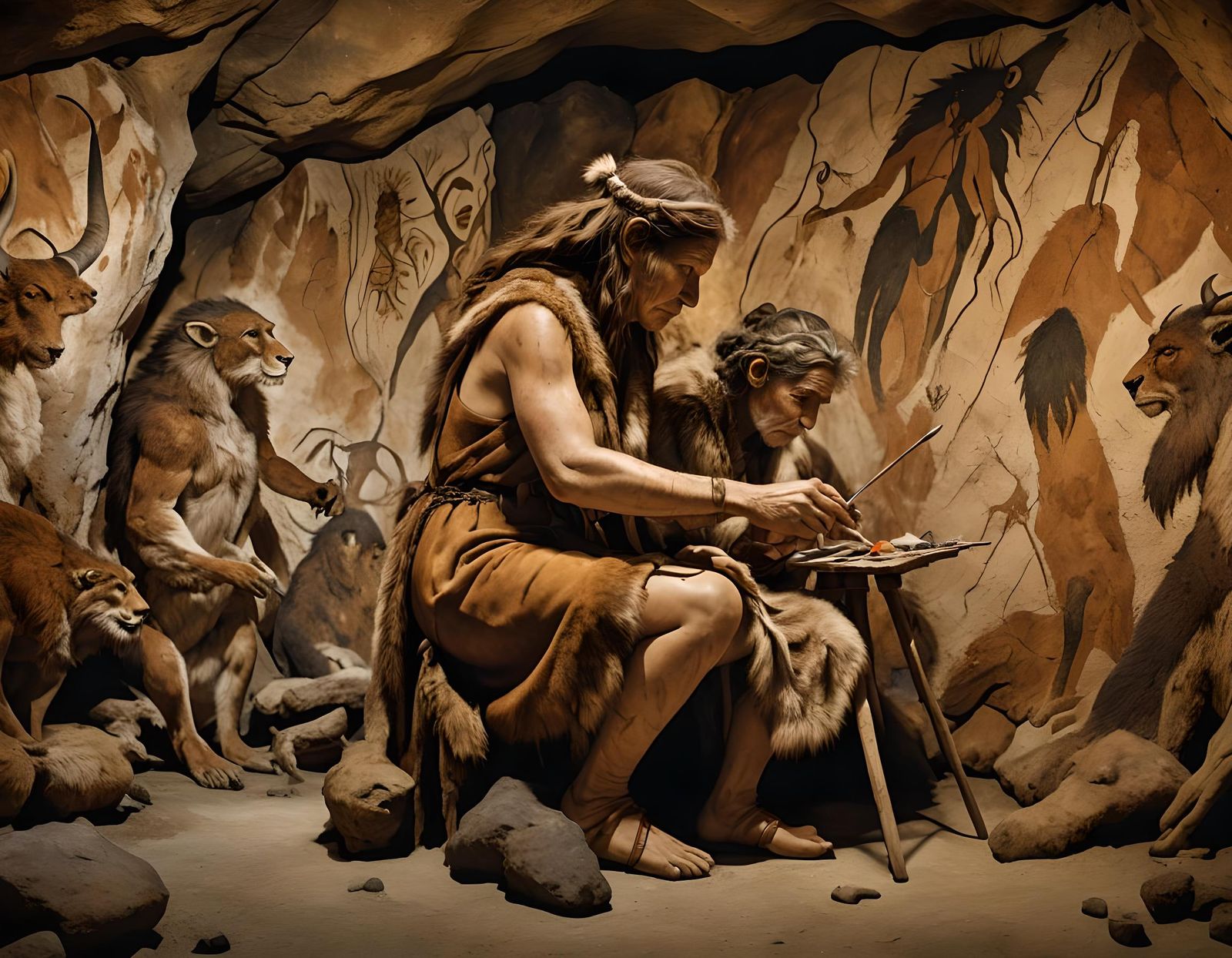 Neanderthal Shaman Painting Cave Art by Firelight
