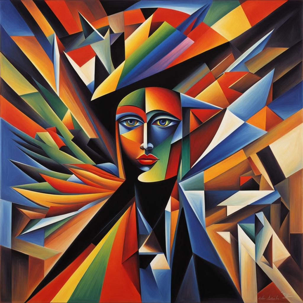 Abstract Cubism Thunderbird Wild Woman in Black and Rainbow