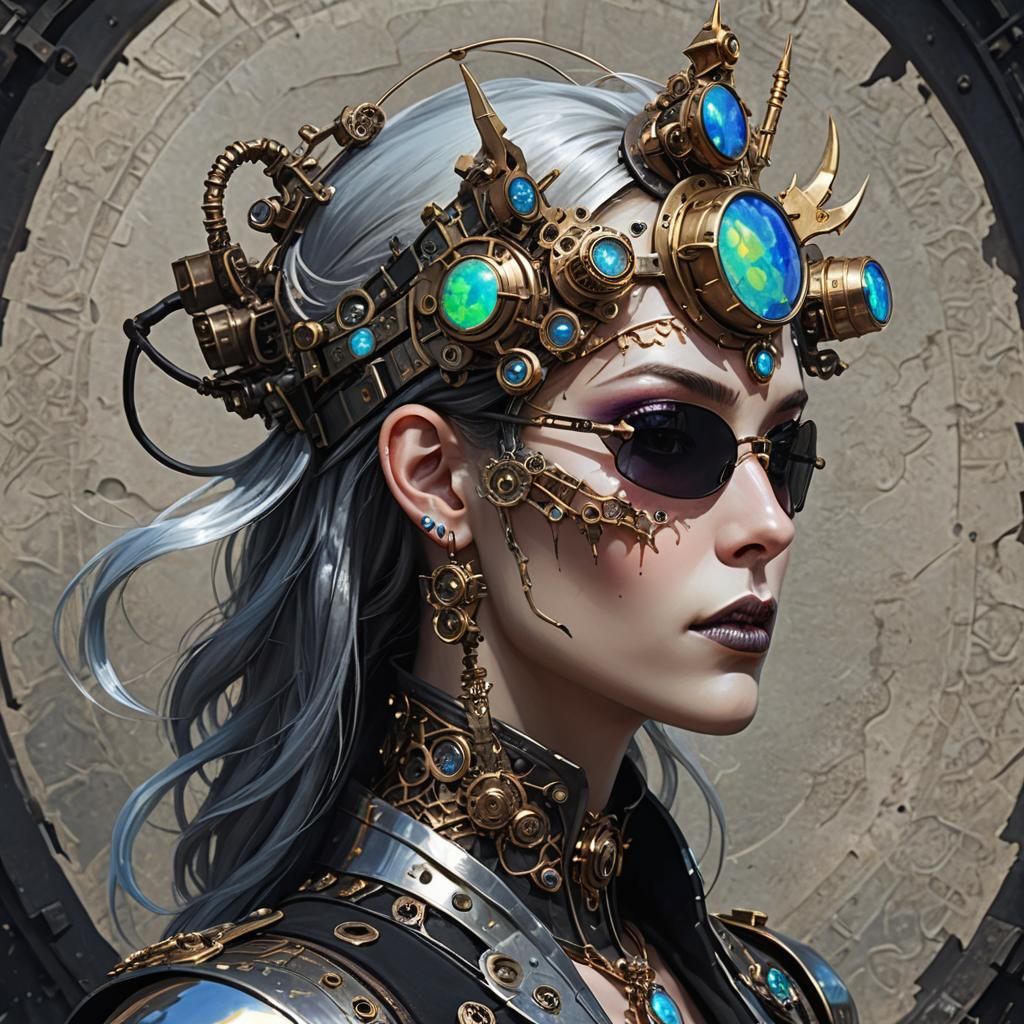 Cybernetic Warlock with Opal Crown in Steampunk Style