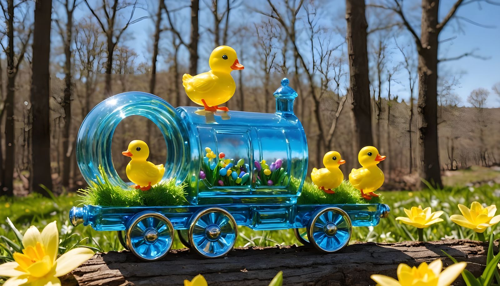 Surreal Easter Train Glass Sculpture with Happy Duckling