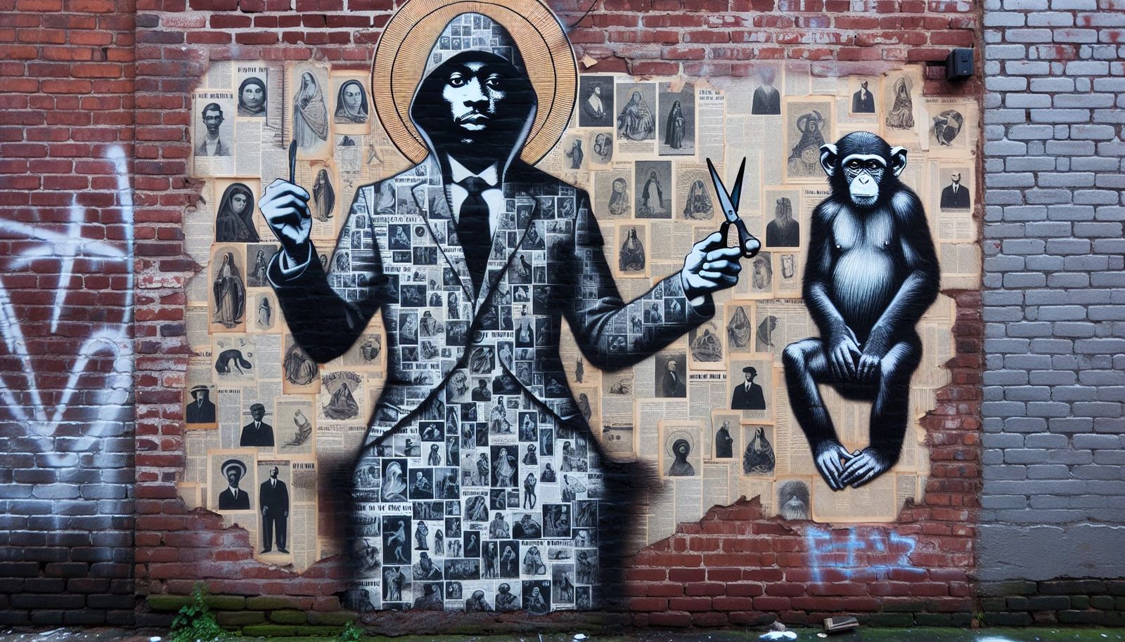 Brick Wall Mural with Vintage Collage and Graffiti