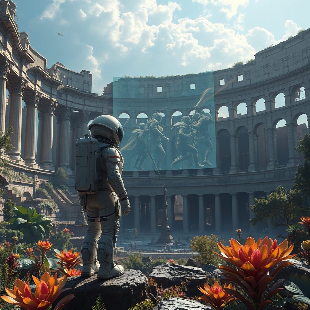 Astronaut in Roman Coliseum with Holographic Gladiators