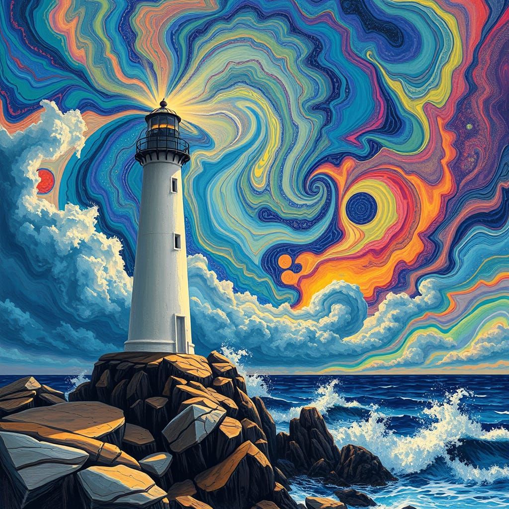 Surreal Lighthouse Ascends into a Psychedelic Sky