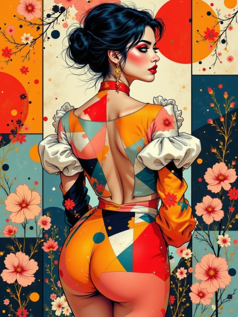 Abstract Geometric Figure with Pin-Up Style in Cherry Blosso...