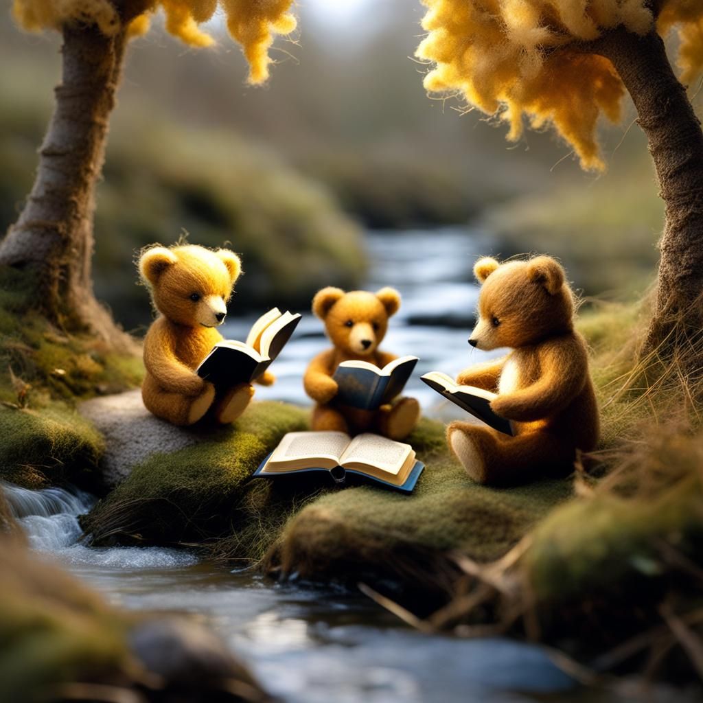 Teddy Bears Reading by Stream in Needle Felted Style