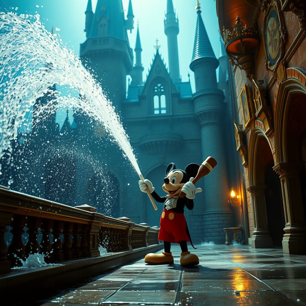 Mickey Mouse Cleans Castle with Magical Brushes and Water
