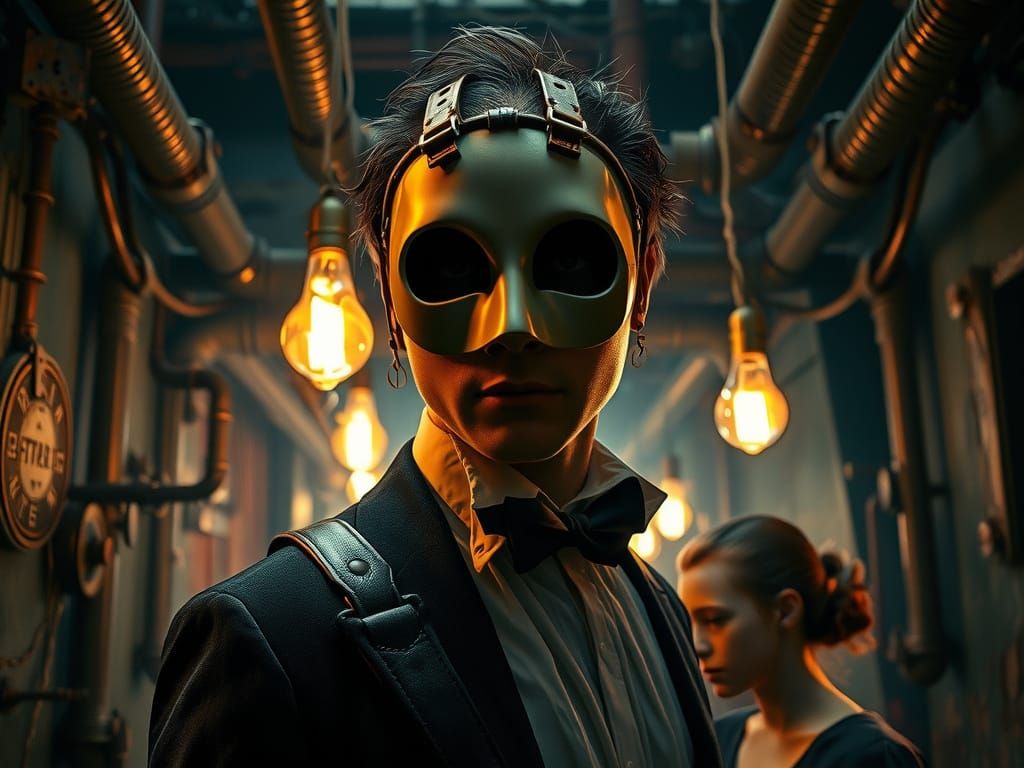 Cyberpunk Phantom of the Opera in Dimly Lit Theater