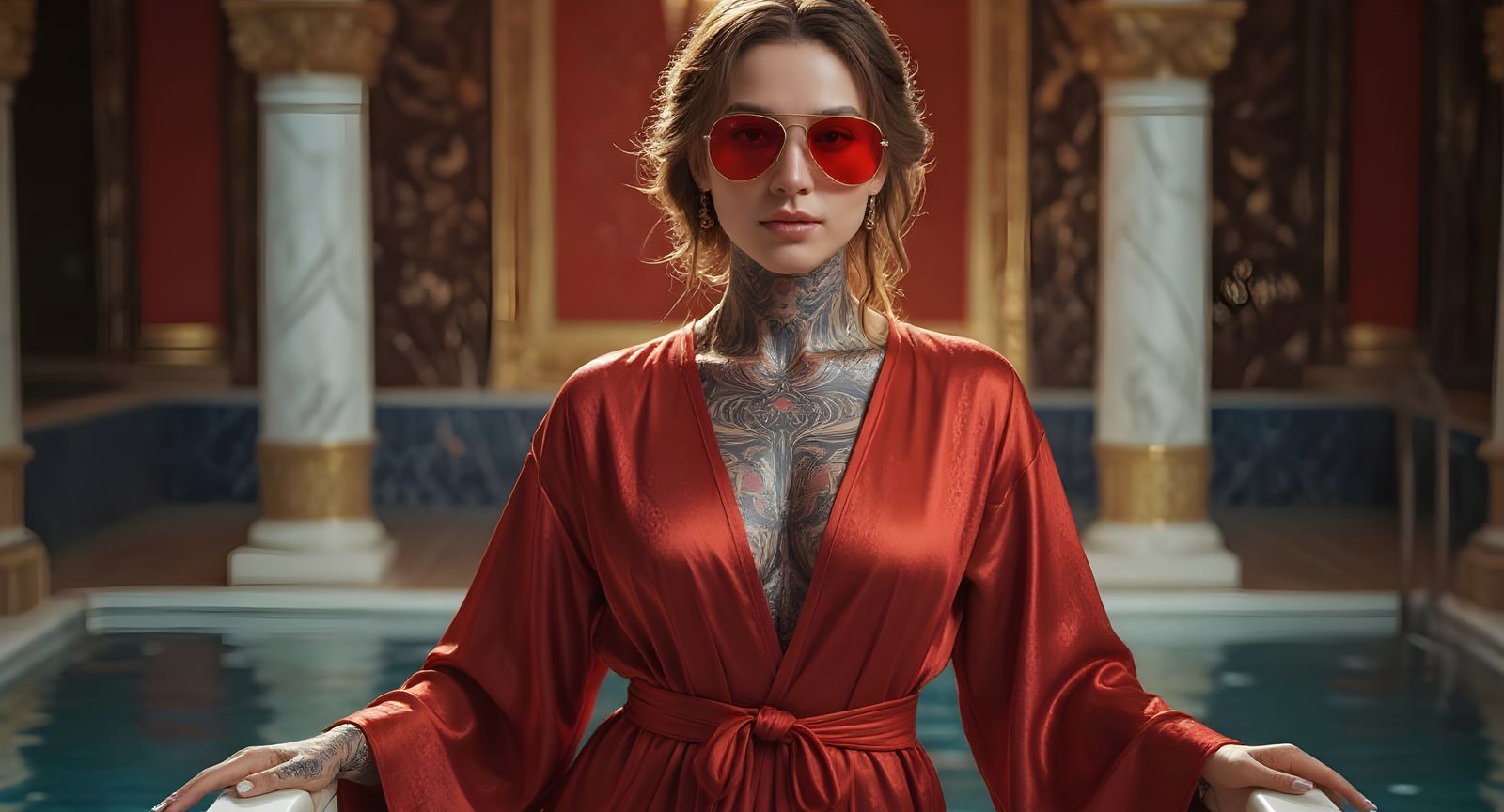 Eurasian Woman in Opulent Bath Chamber, Watercolor Style