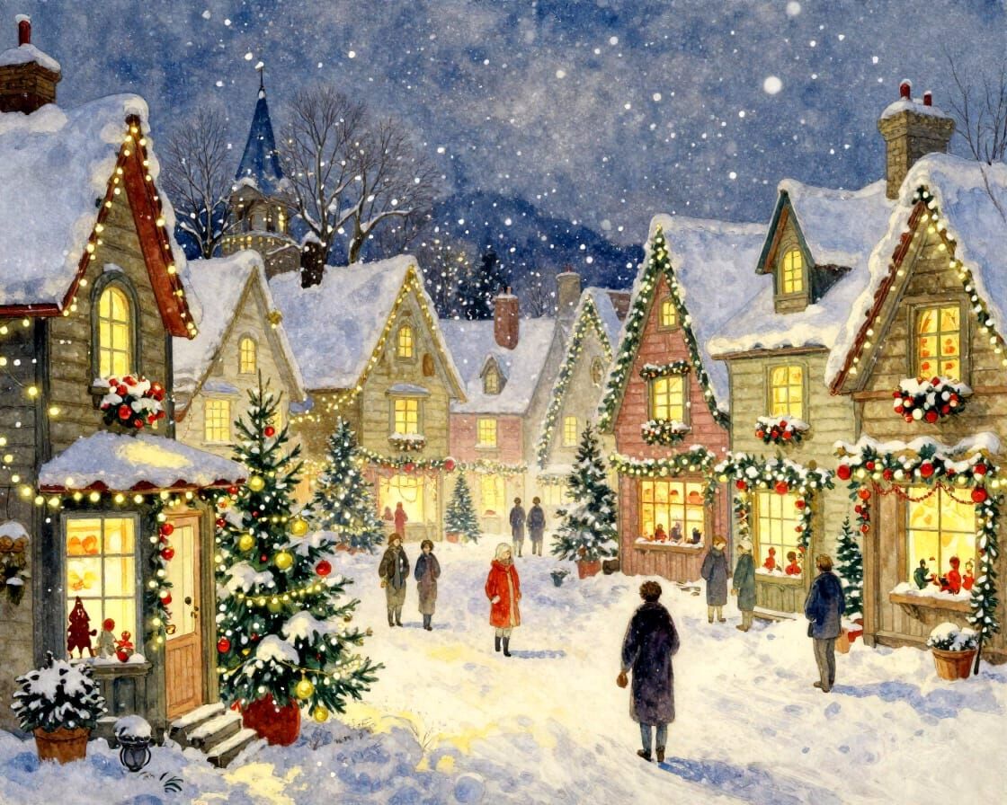 Enchanting Christmas Village in Watercolor Style