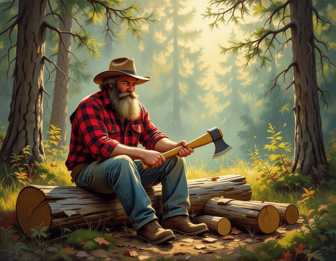 Lumberjack Resting in Serene Forest Clearing Oil Painting