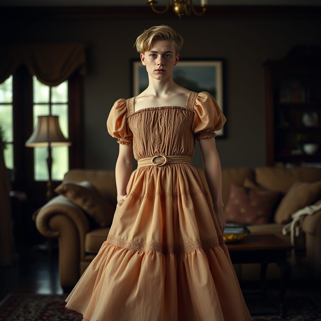 Elegant Masculine Figure in Handcrafted Dress with Smocking...