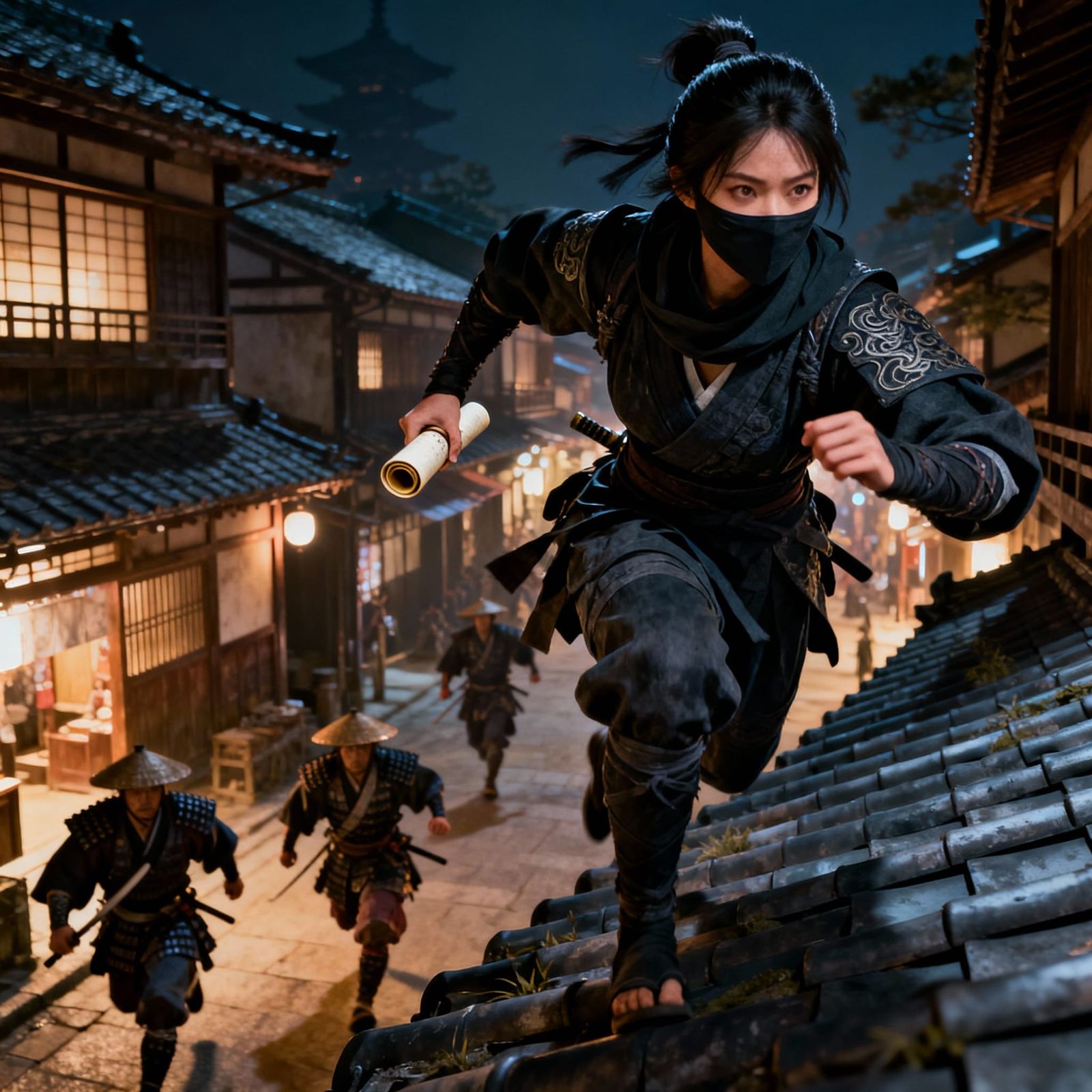 Ninja Girl Steals Scroll on Feudal Japan Rooftops