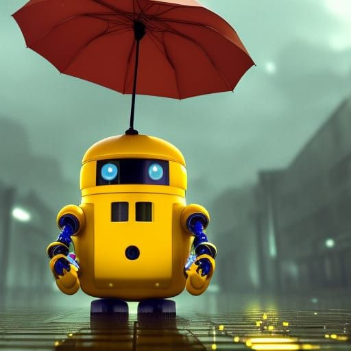 Cute Robot in Rain, Detailed Digital Painting