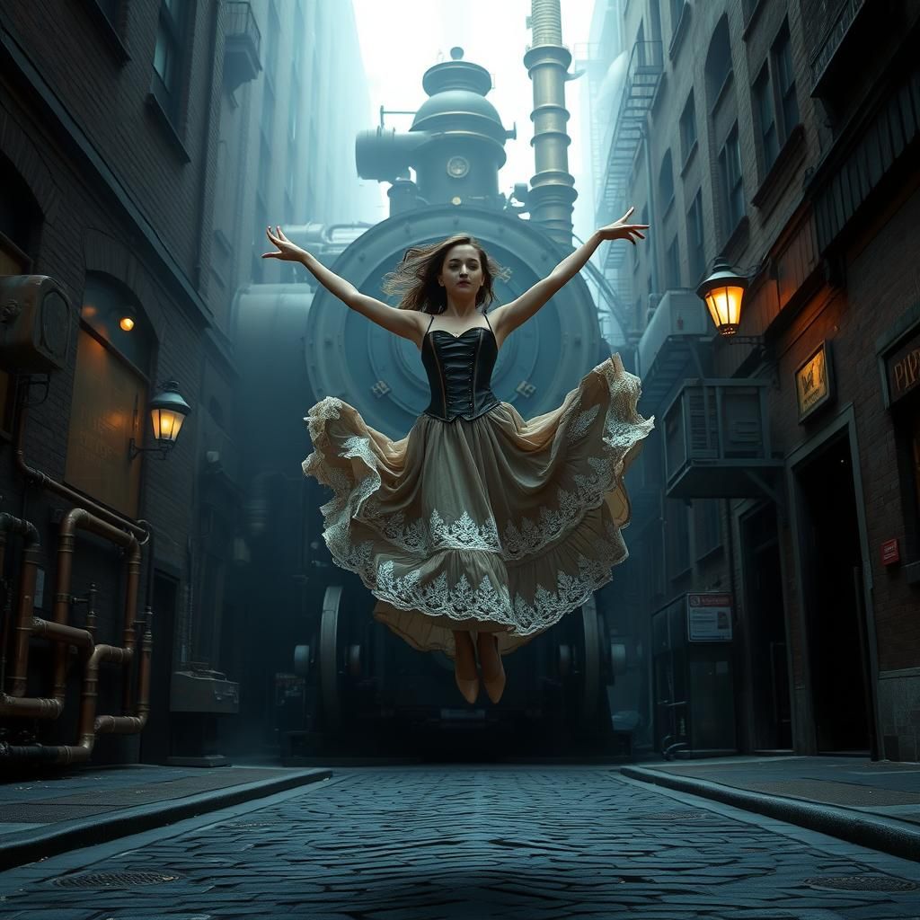 Steampunk Dancer Suspended Above City Street