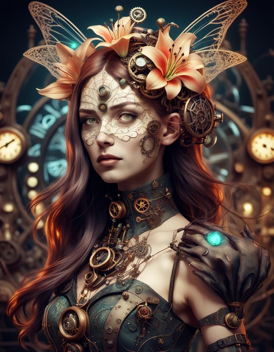 Steampunk Girl with Lilium Flower Head and Clockwork Details