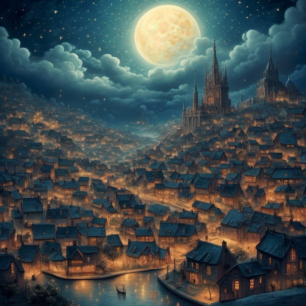 Romantic Night Sky with Crescent Moon and Stars