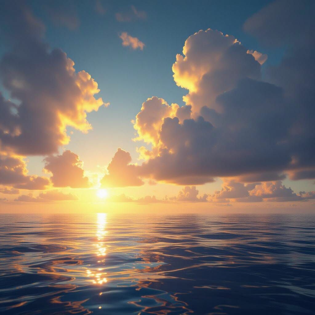 Endless Ocean Under Luminous Sun With Dramatic Clouds