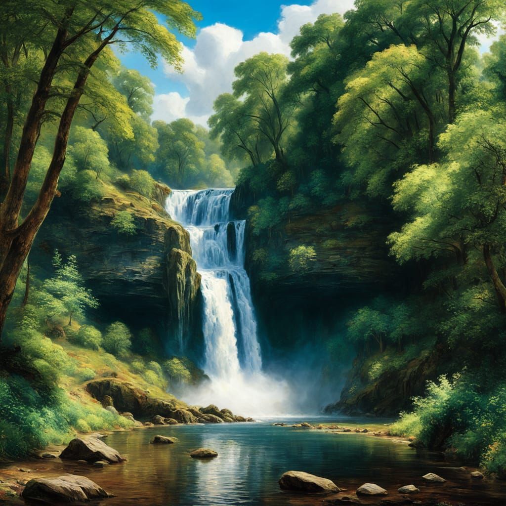 Radiant Waterfall Landscape in Detailed Style