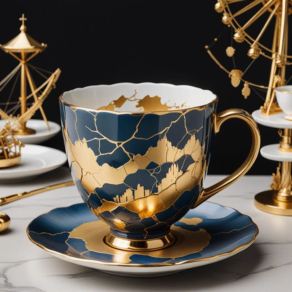 Kintsugi Teacup Amusement Park in Watercolor Style