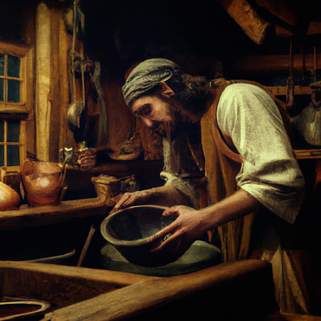 Medieval Wizard Doing Dishes in Tavern
