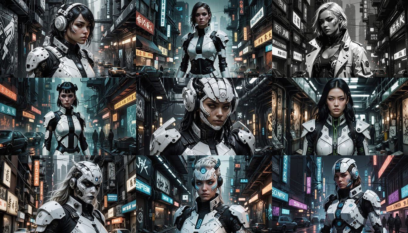 Cyberpunk Woman in Monochromatic Armor with Deep Eyes