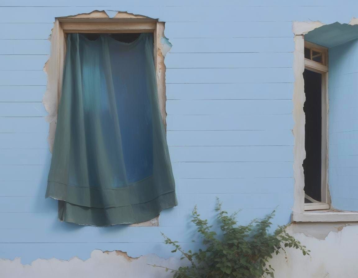 Blue House with Teal Curtain, Ukiyo-e Style