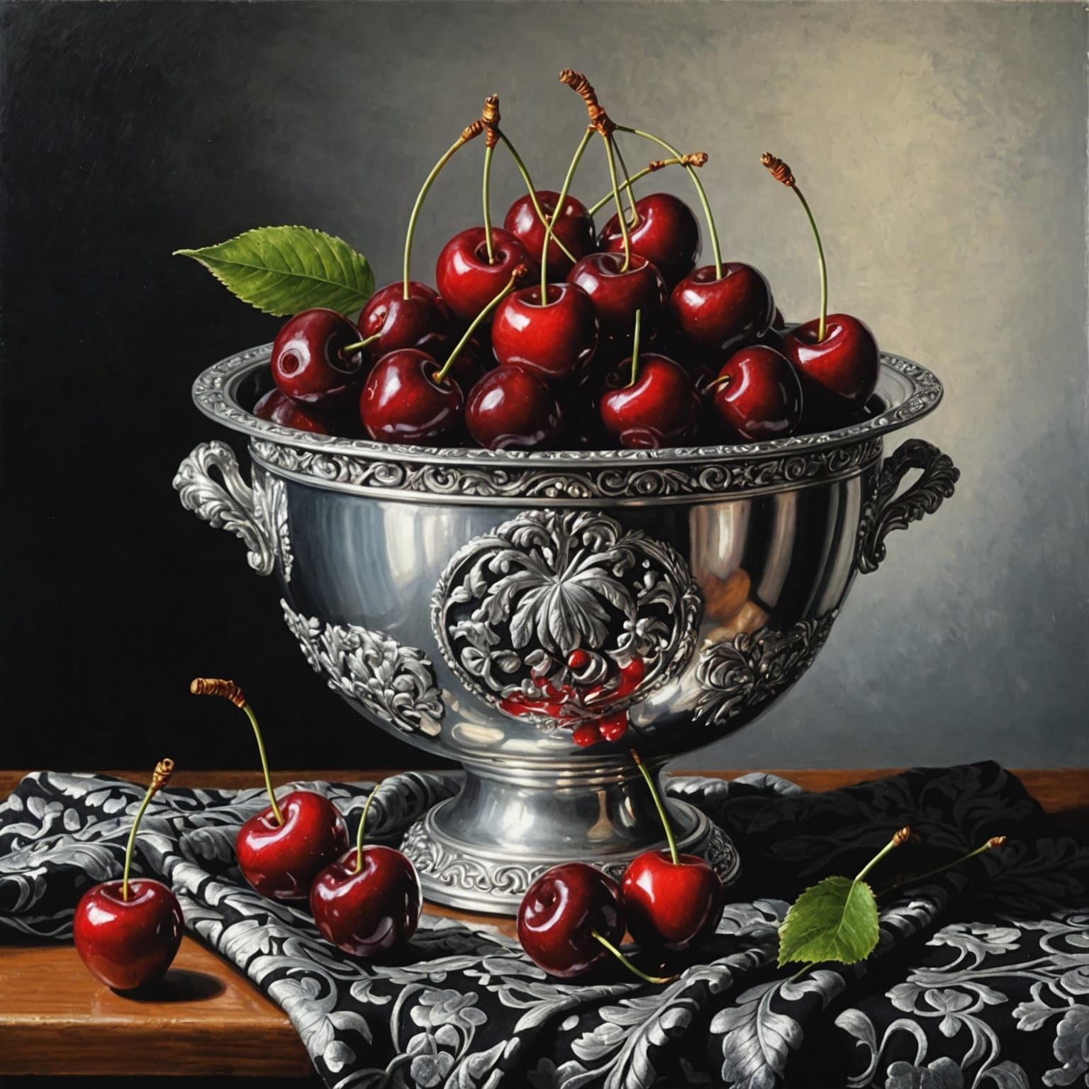 Cherries in Silver Bowl: Photorealistic Oil Painting