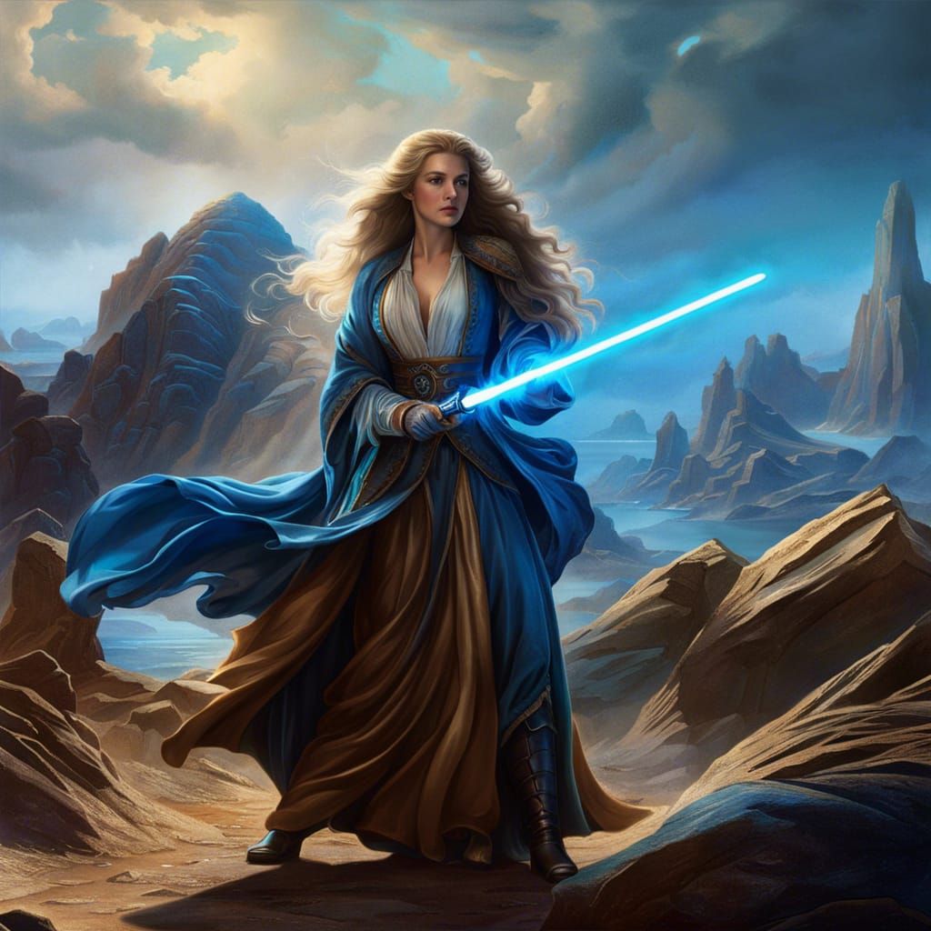 Rococo Female Jedi with Lightsaber, Detailed Digital Art
