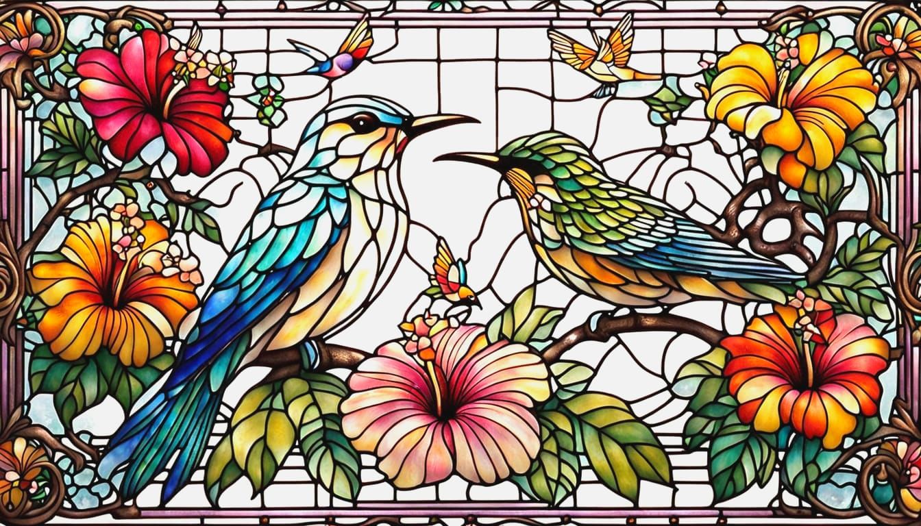 Art Nouveau Stained Glass Bird Cage with Hummingbirds