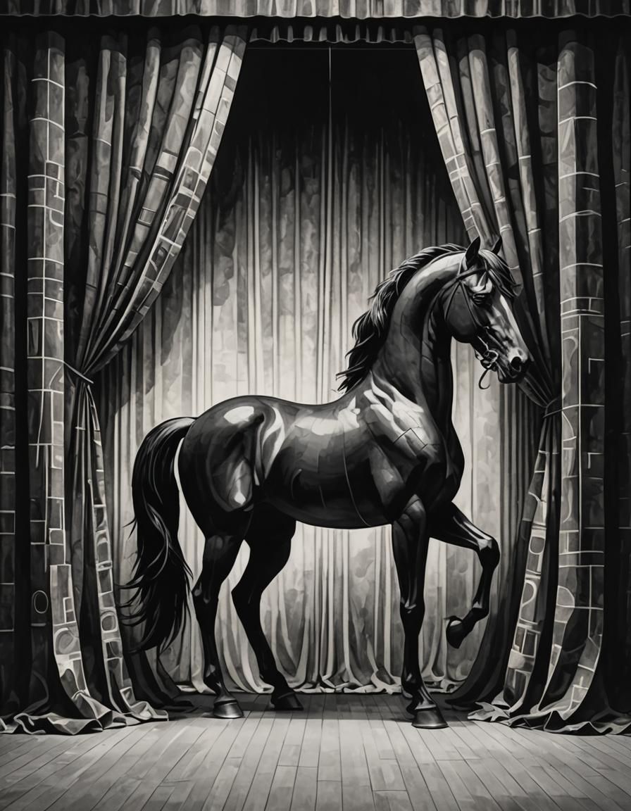 Abstract Black Horse on Stage: Bauhaus Style