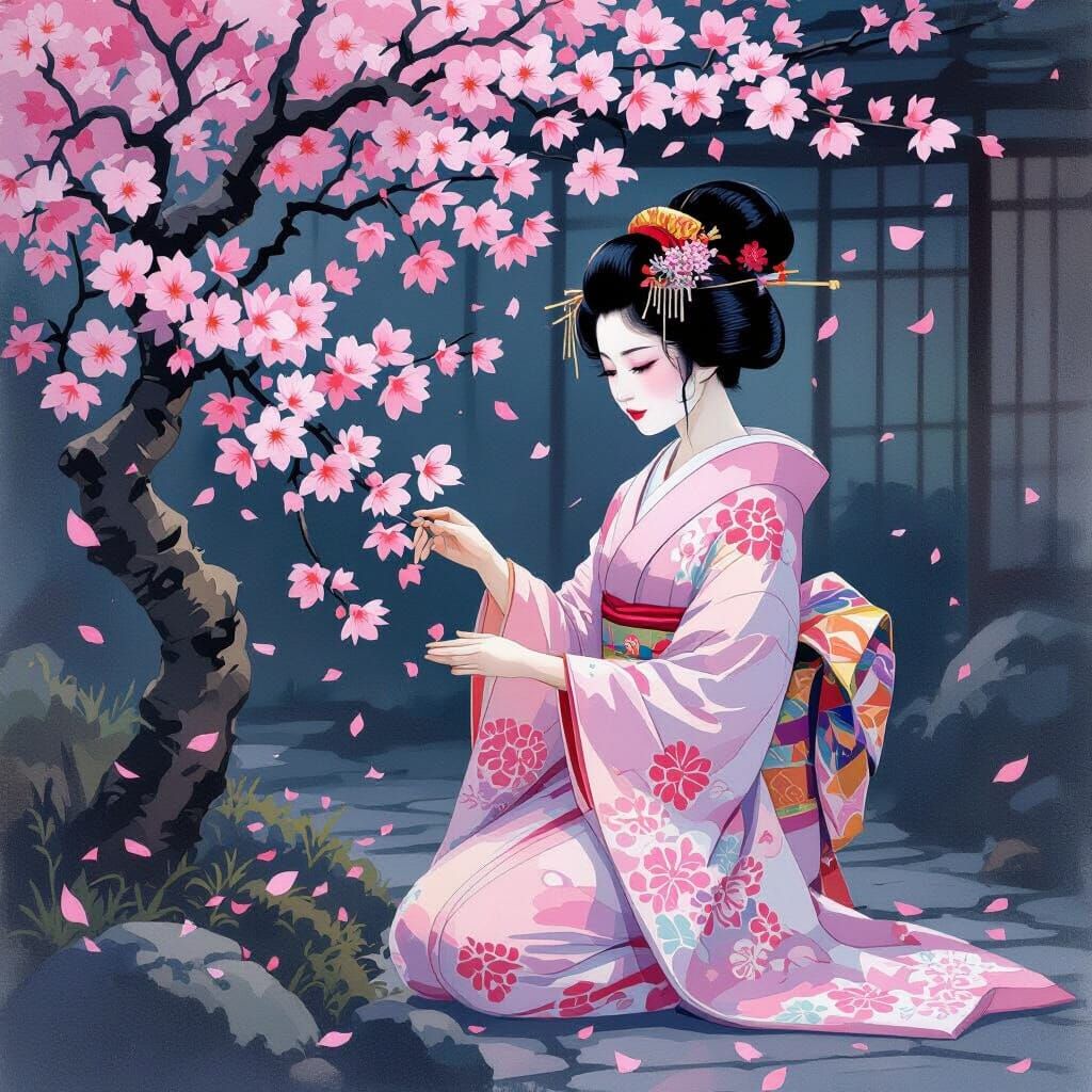 Geisha Tending Sakura Tree in Twilight Kyoto Garden