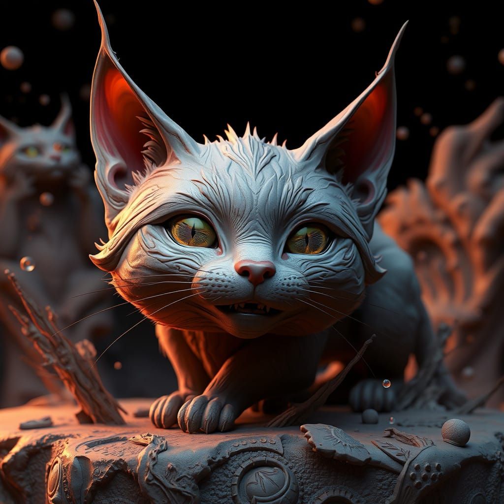 Surreal Clay Feline in Deep Fantasy Realm