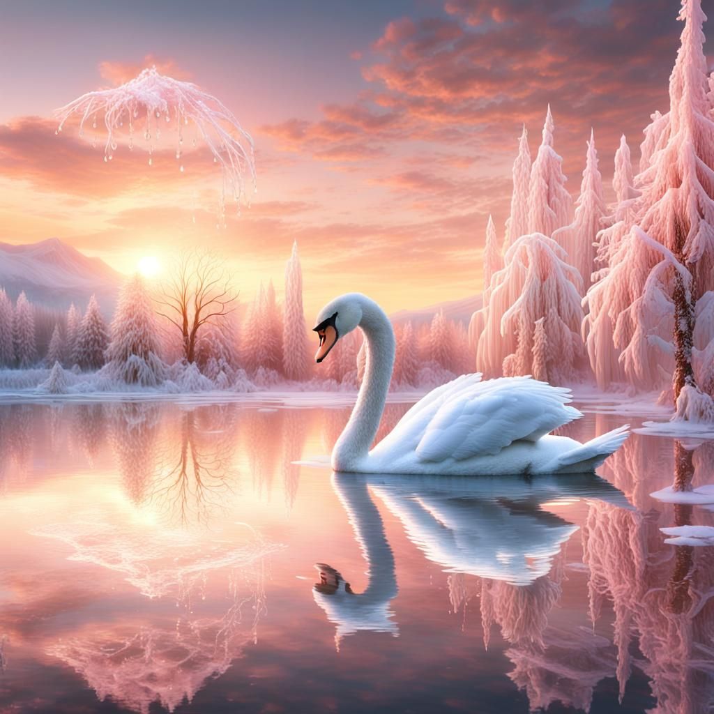 Ethereal Swan on Frozen Lake amidst Vibrant Sunset and Majes...