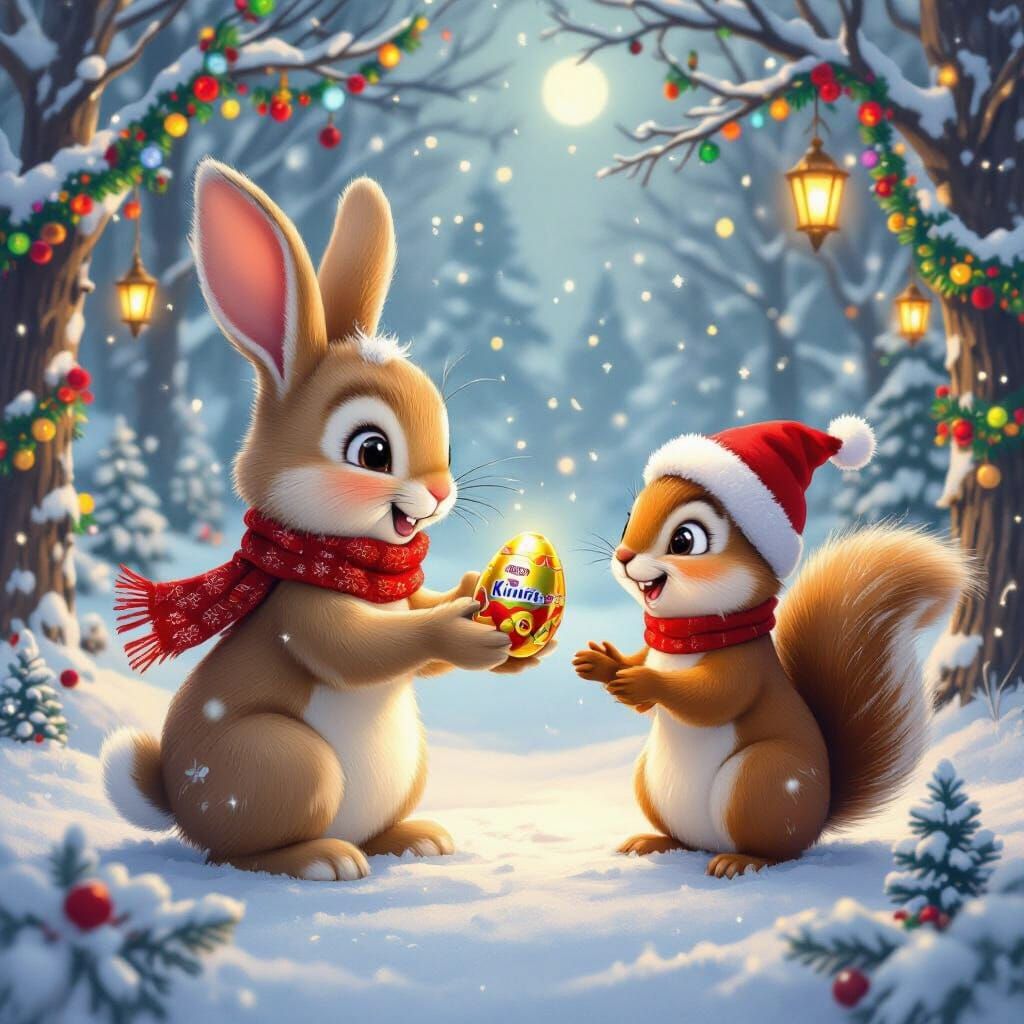 New Year Bunny Offers Egg to Squirrel in Snowy Forest