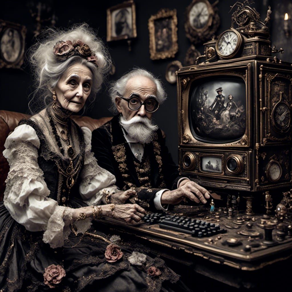 Steampunk Couple Plays Atari on Black and White TV