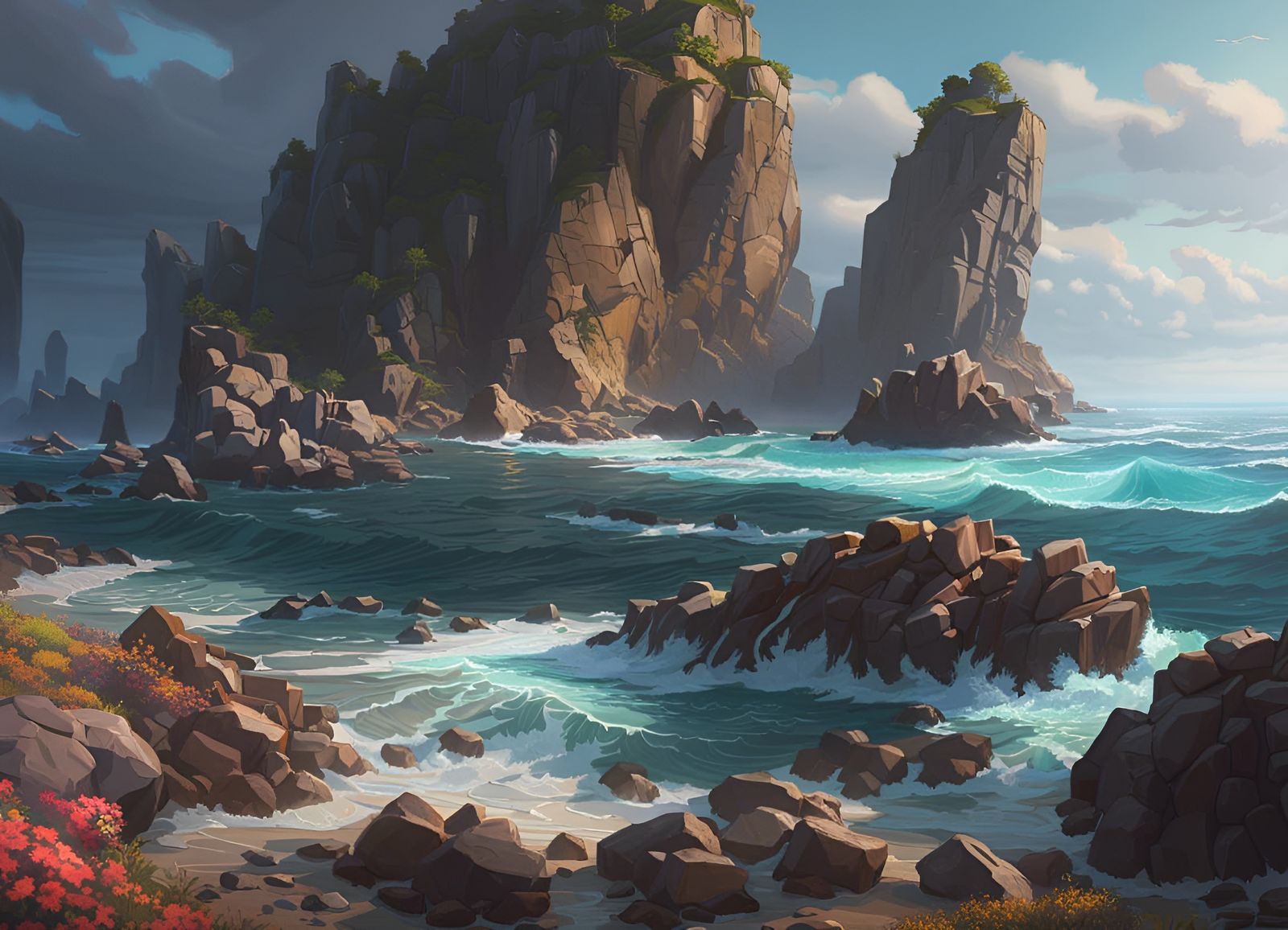 Tornadic Maelstrom on Rocky Shoreline: Digital Art