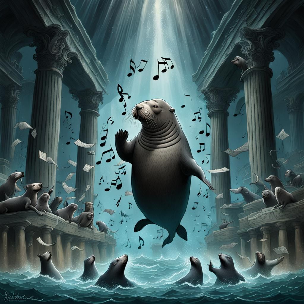 Cartoon Sea Lions' Water Dance in Horror Style