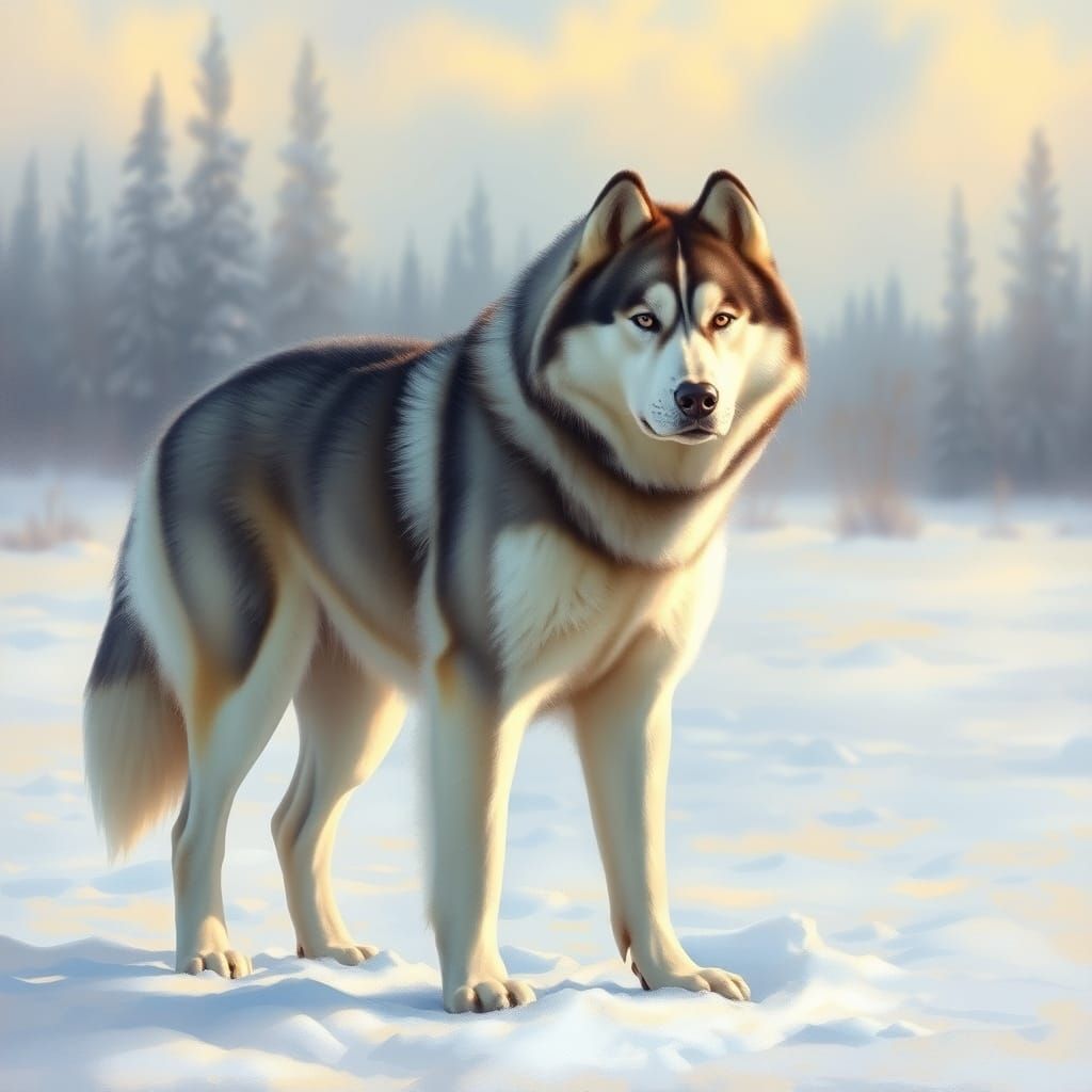 Wild Alaskan Malamute in Winter Landscape