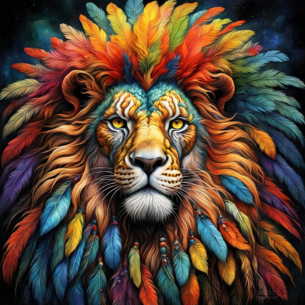 Surreal Portrait of a Fantastical Creature with Lion Fur and...