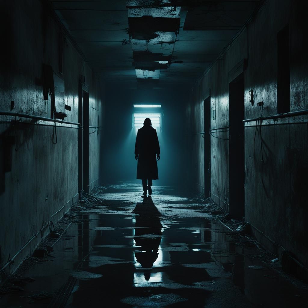 Ominous Figure in Abandoned Hallway: Cinematic Still