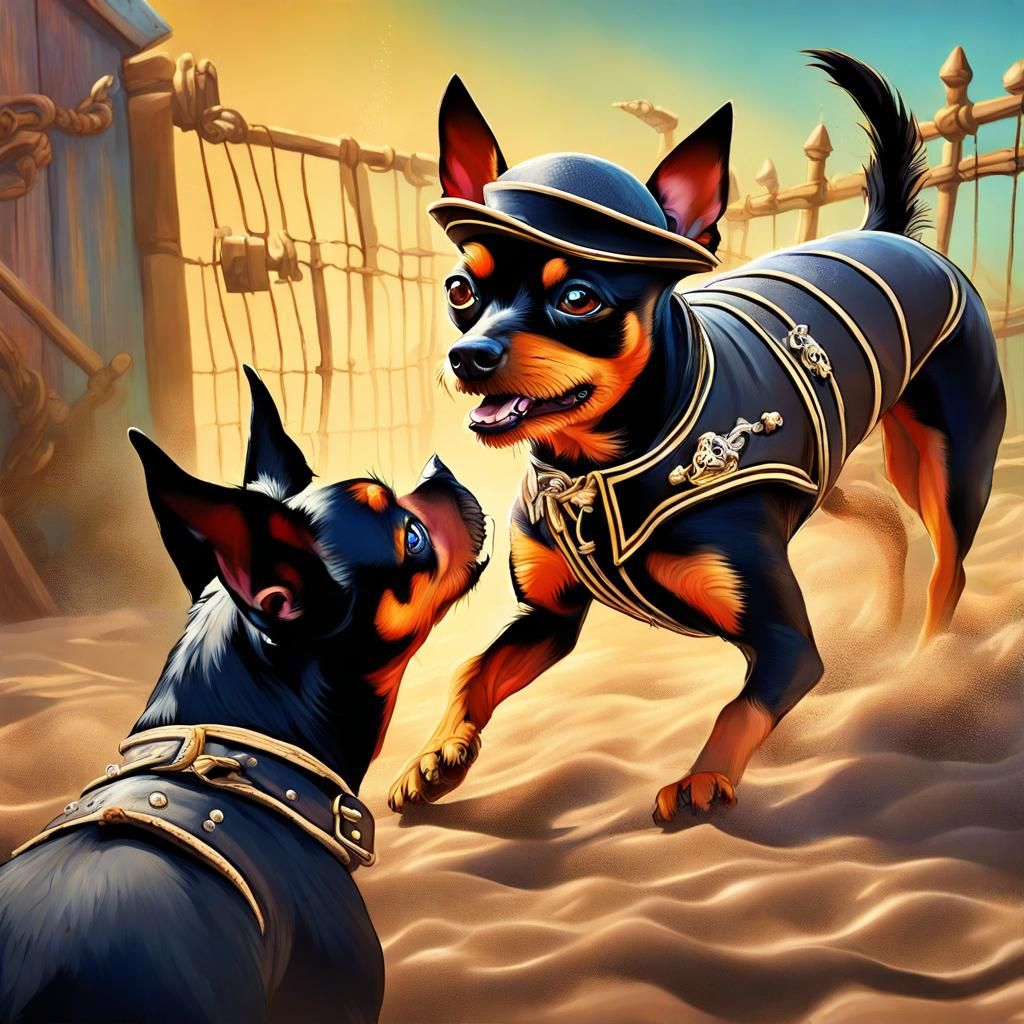 Pirate Min Pin Fencing a Terrier, Splash Art